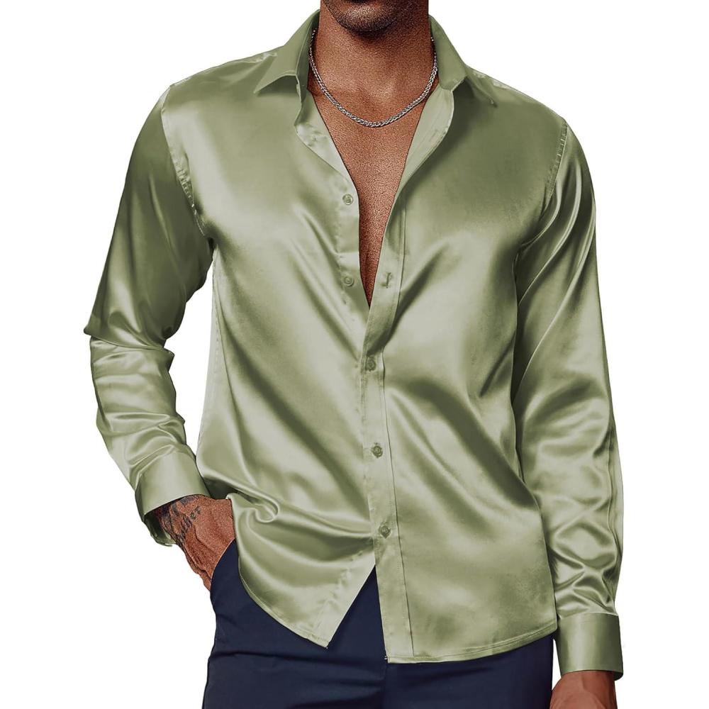 imagePJ PAUL JONES Mens Shiny Satin Dress Shirts Long Sleeve Button Down Silk Shirt with Bow TieLight Green