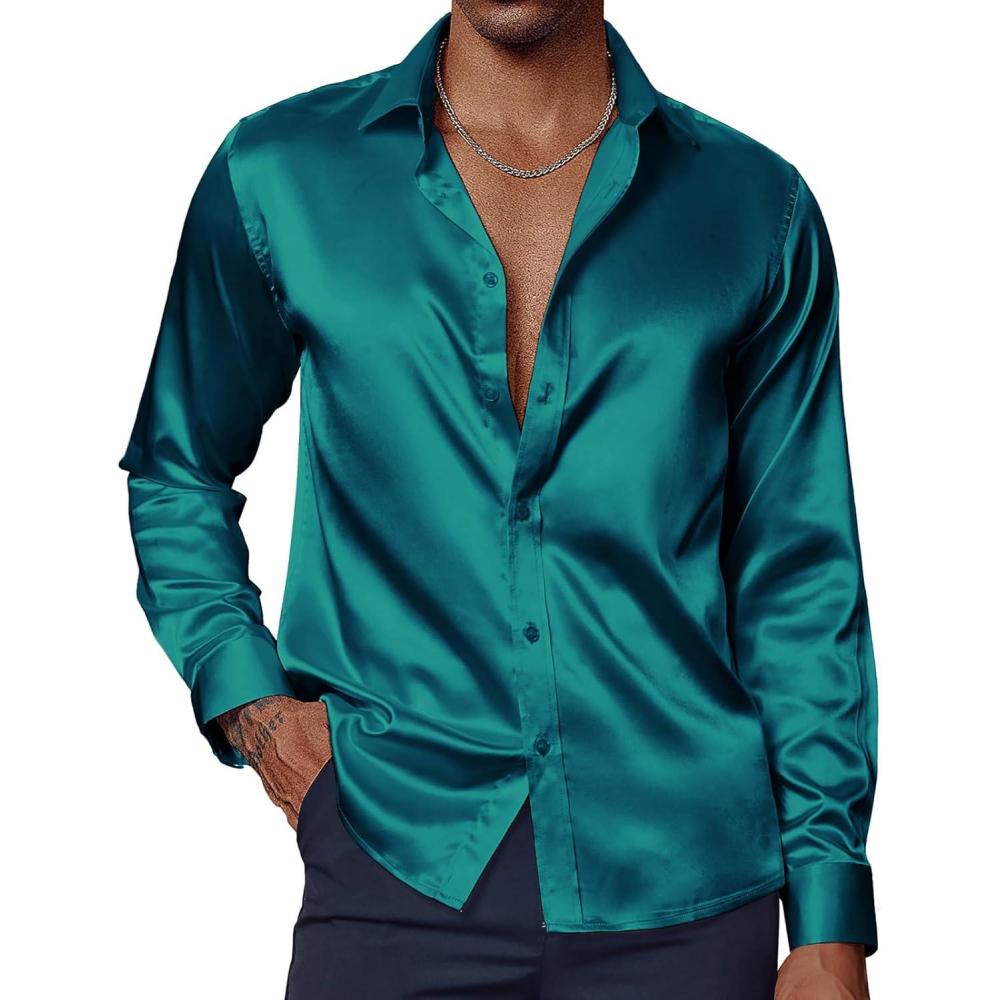 imagePJ PAUL JONES Mens Shiny Satin Dress Shirts Long Sleeve Button Down Silk Shirt with Bow TieMalachite Green
