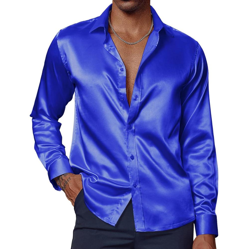 imagePJ PAUL JONES Mens Shiny Satin Dress Shirts Long Sleeve Button Down Silk Shirt with Bow TieRoyal Blue