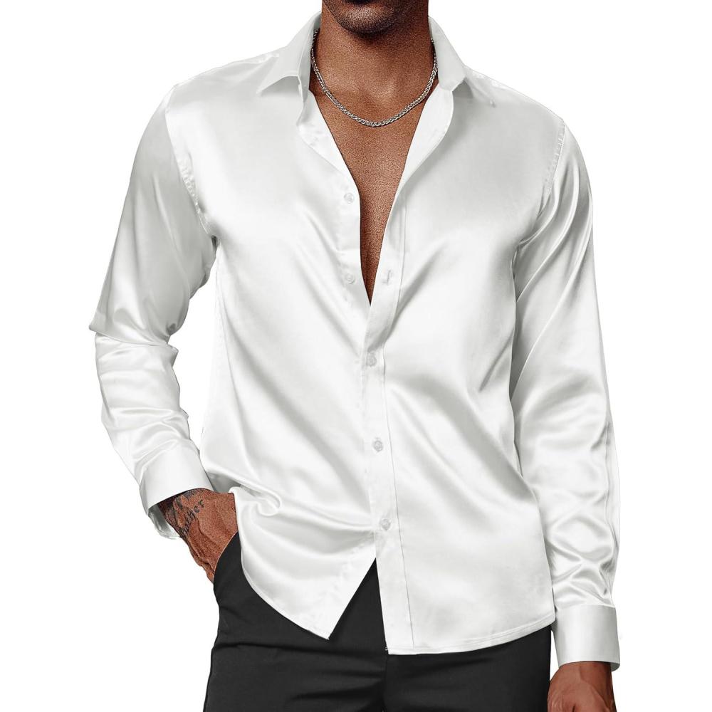 imagePJ PAUL JONES Mens Shiny Satin Dress Shirts Long Sleeve Button Down Silk Shirt with Bow TieWhite