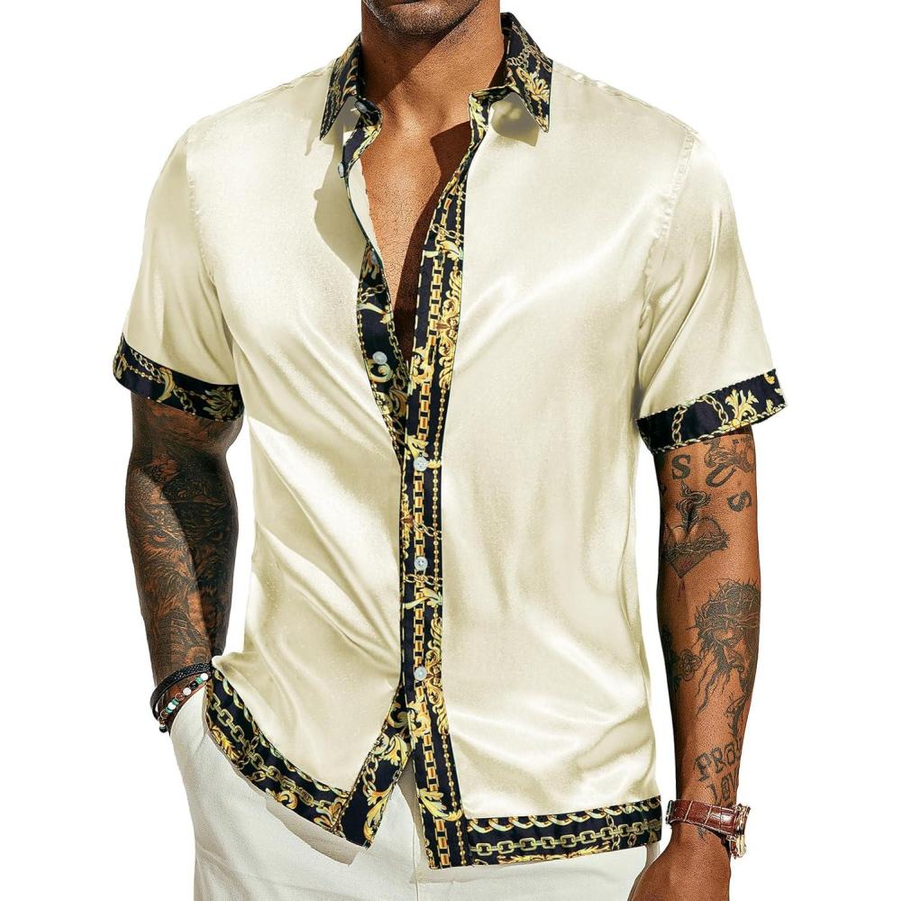 imagePJ PAUL JONES Mens Short Sleeve Button Down Shirts Casual Stretch Satin Silk Hawaiian Beach ShirtApricot