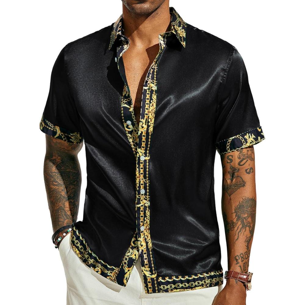 imagePJ PAUL JONES Mens Short Sleeve Button Down Shirts Casual Stretch Satin Silk Hawaiian Beach ShirtBlack