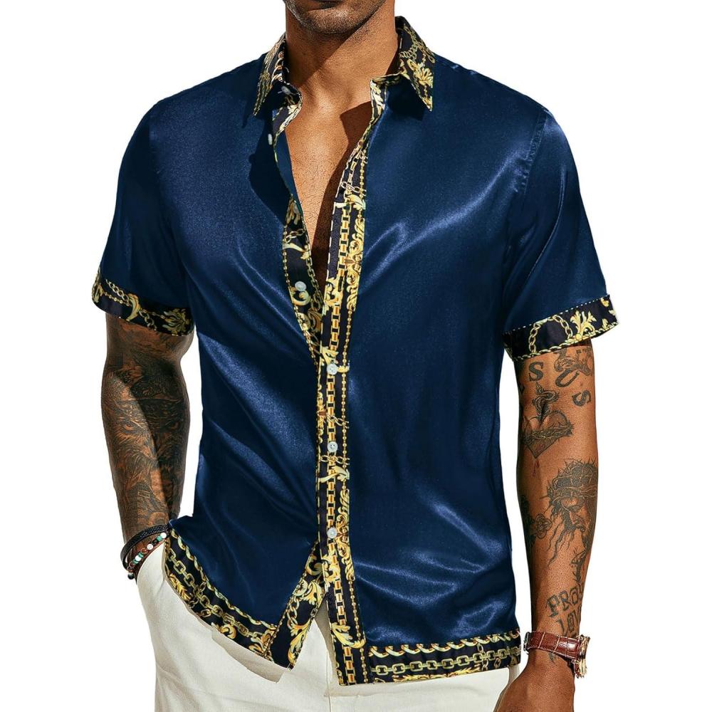 imagePJ PAUL JONES Mens Short Sleeve Button Down Shirts Casual Stretch Satin Silk Hawaiian Beach ShirtNavy Blue
