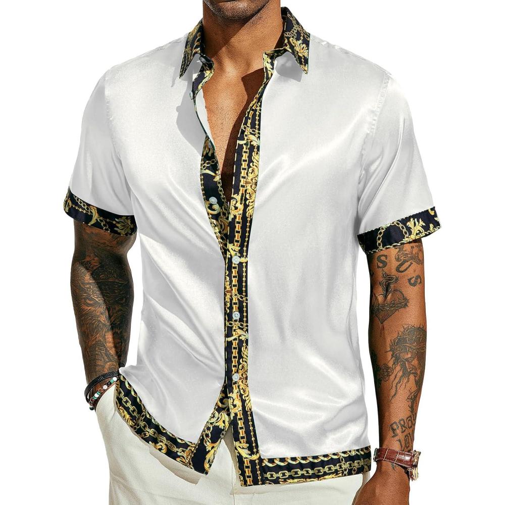 imagePJ PAUL JONES Mens Short Sleeve Button Down Shirts Casual Stretch Satin Silk Hawaiian Beach ShirtWhite