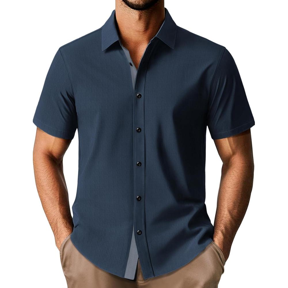 imagePJ PAUL JONES Mens Short Sleeve Button Down Shirts Casual Stylish WrinkleFree Untuckit Dress Shirt Blue XL