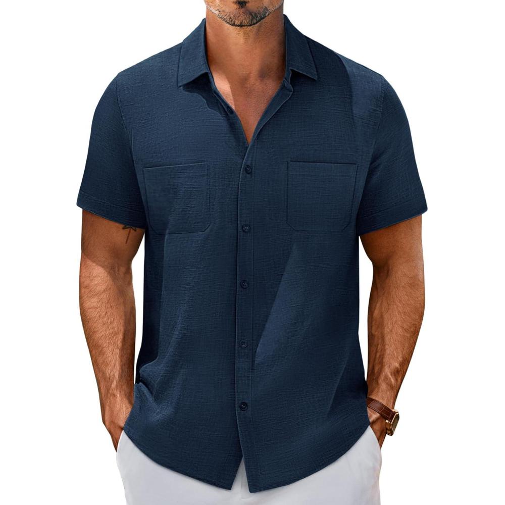 imagePJ PAUL JONES Mens Short Sleeve Button Down Shirts Summer Beach Shirts Untuckit Cotton Shirt with PocketNavy Bluetwo Pocket
