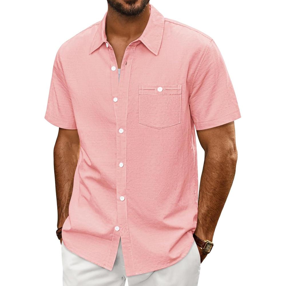imagePJ PAUL JONES Mens Short Sleeve Button Down Shirts Summer Beach Shirts Untuckit Cotton Shirt with PocketPink