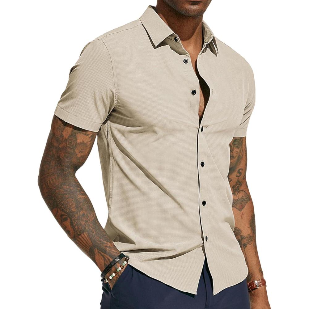 imagePJ PAUL JONES Mens Short Sleeve Button Down Shirts Wrinkle Free Stretch Dress Shirts for Men Casual Formal ShirtBeige