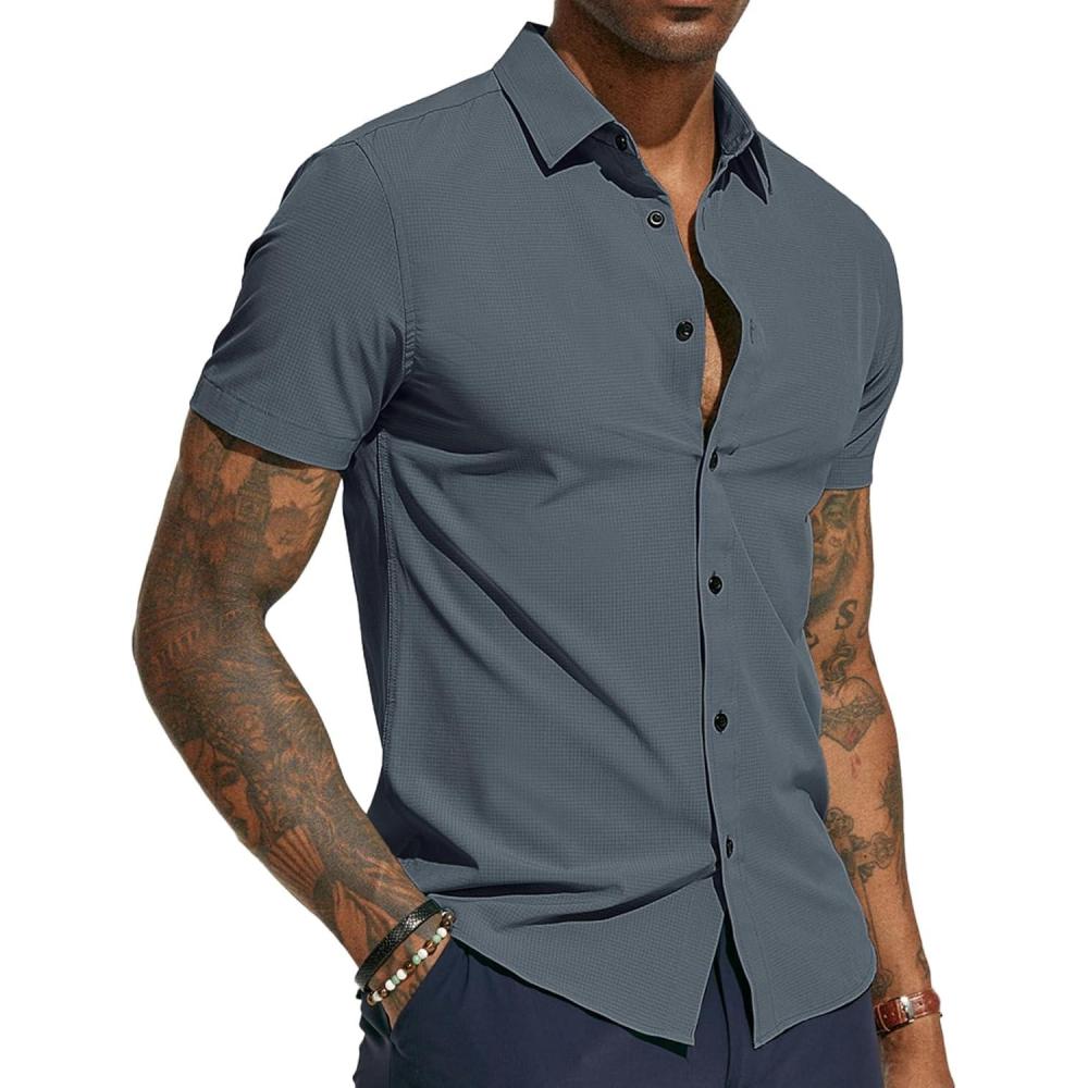 imagePJ PAUL JONES Mens Short Sleeve Button Down Shirts Wrinkle Free Stretch Dress Shirts for Men Casual Formal ShirtBlue Grey