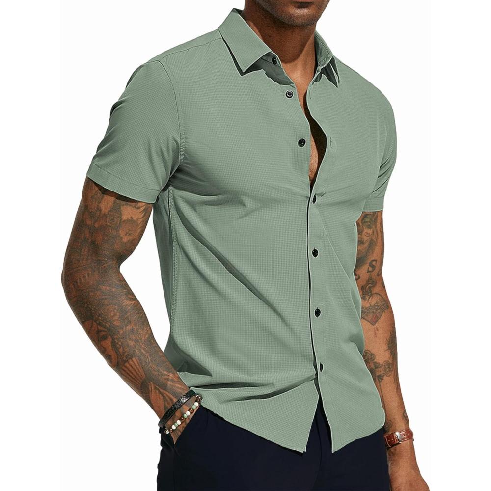 imagePJ PAUL JONES Mens Short Sleeve Button Down Shirts Wrinkle Free Stretch Dress Shirts for Men Casual Formal ShirtLight Green