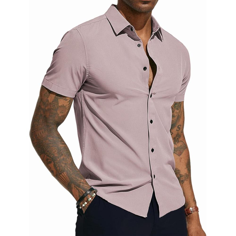 imagePJ PAUL JONES Mens Short Sleeve Button Down Shirts Wrinkle Free Stretch Dress Shirts for Men Casual Formal ShirtLight Pink
