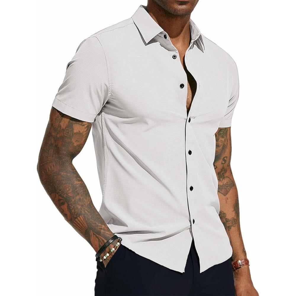 imagePJ PAUL JONES Mens Short Sleeve Button Down Shirts Wrinkle Free Stretch Dress Shirts for Men Casual Formal ShirtWhite