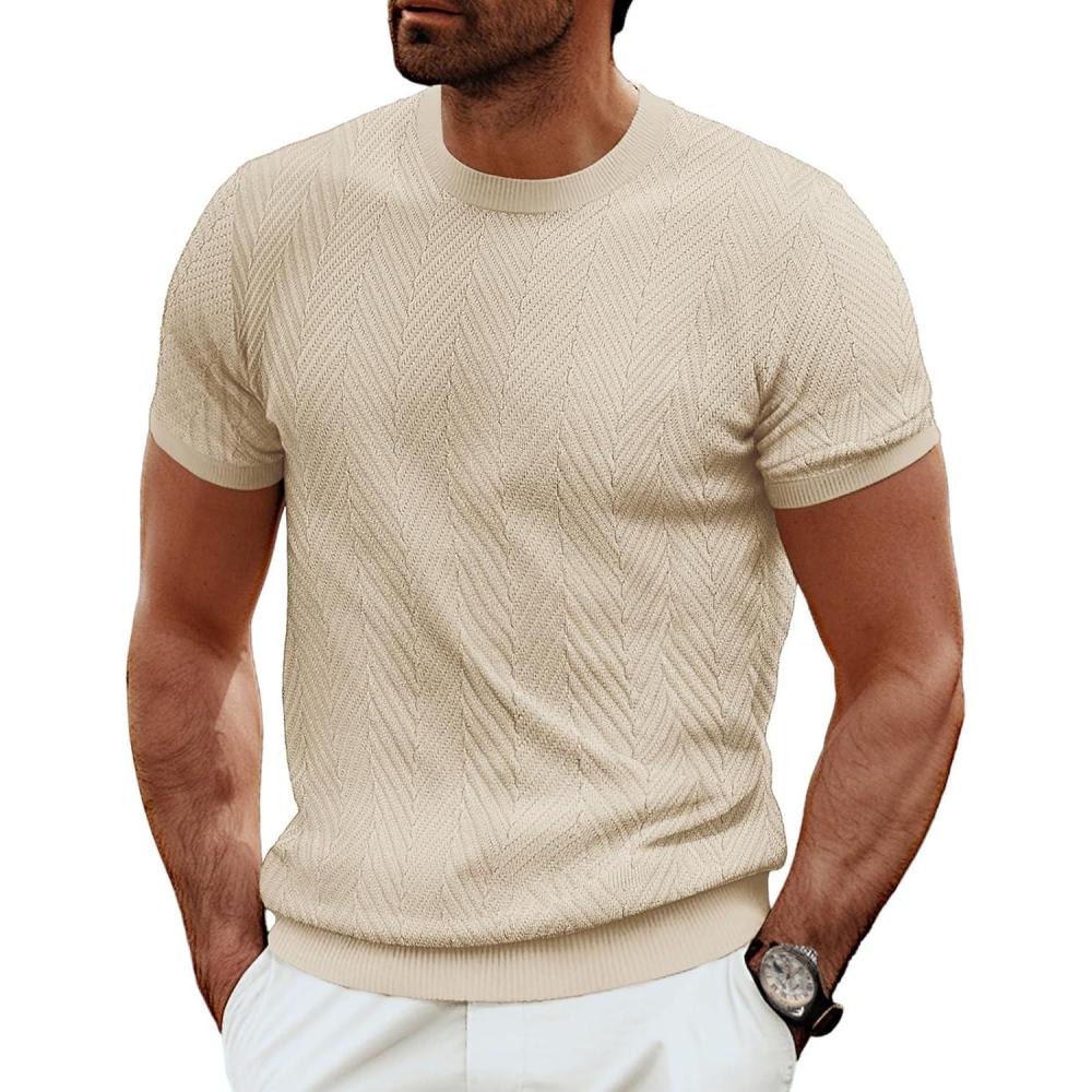 imagePJ PAUL JONES Mens Short Sleeve Knit TShirts Casual Crewneck Solid Texture Knit ShirtApricot