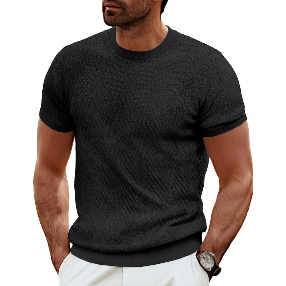 imagePJ PAUL JONES Mens Short Sleeve Knit TShirts Casual Crewneck Solid Texture Knit ShirtBlack