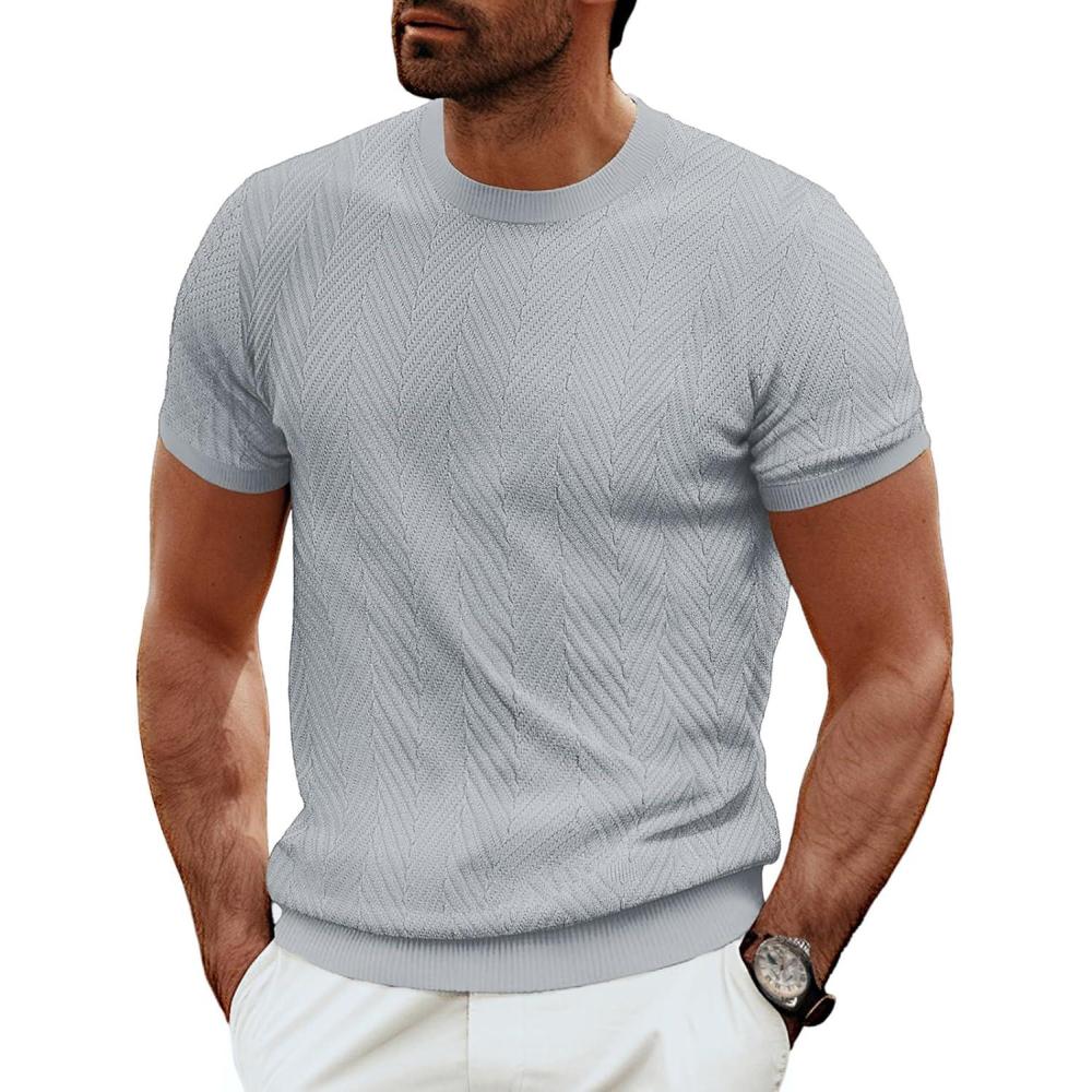 imagePJ PAUL JONES Mens Short Sleeve Knit TShirts Casual Crewneck Solid Texture Knit ShirtGrey
