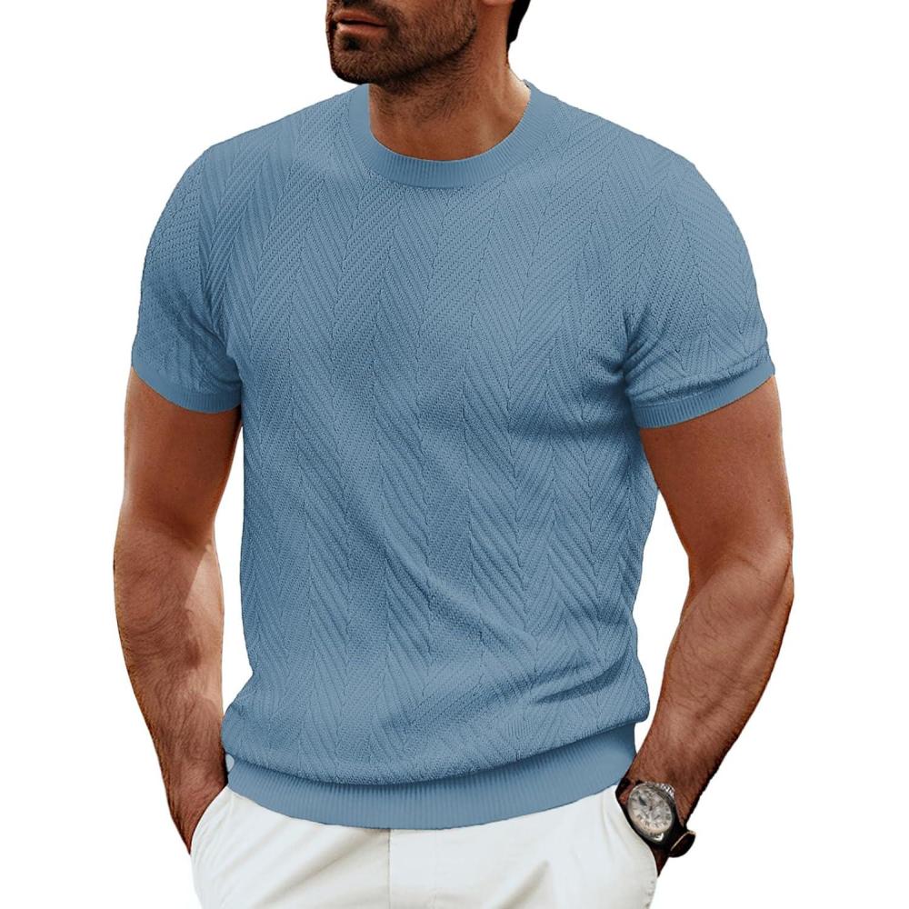 imagePJ PAUL JONES Mens Short Sleeve Knit TShirts Casual Crewneck Solid Texture Knit ShirtGrey Blue