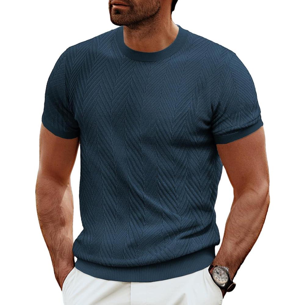 imagePJ PAUL JONES Mens Short Sleeve Knit TShirts Casual Crewneck Solid Texture Knit ShirtNavy