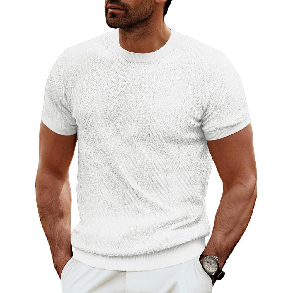 imagePJ PAUL JONES Mens Short Sleeve Knit TShirts Casual Crewneck Solid Texture Knit ShirtWhite