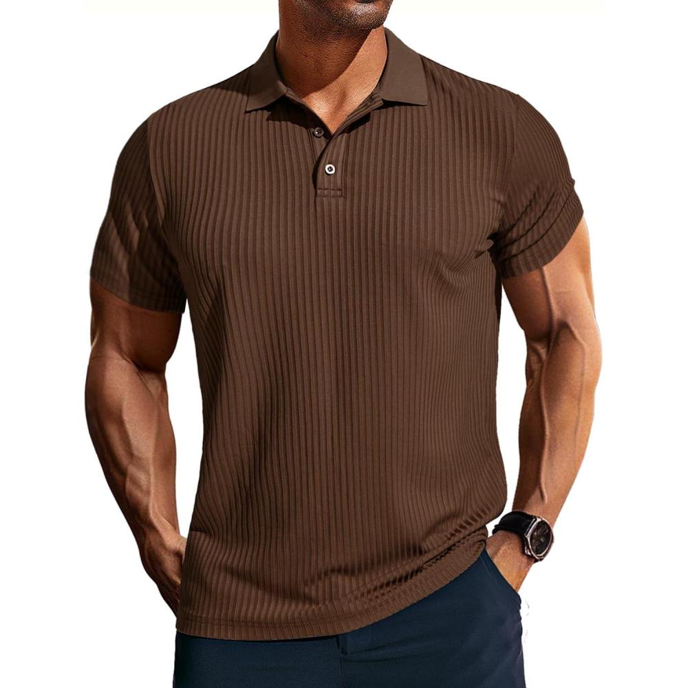imagePJ PAUL JONES Mens Short Sleeve Texture Polo Shirts Casual Wrinkle Free Stretch Knit Golf Shirt TopsCoffee