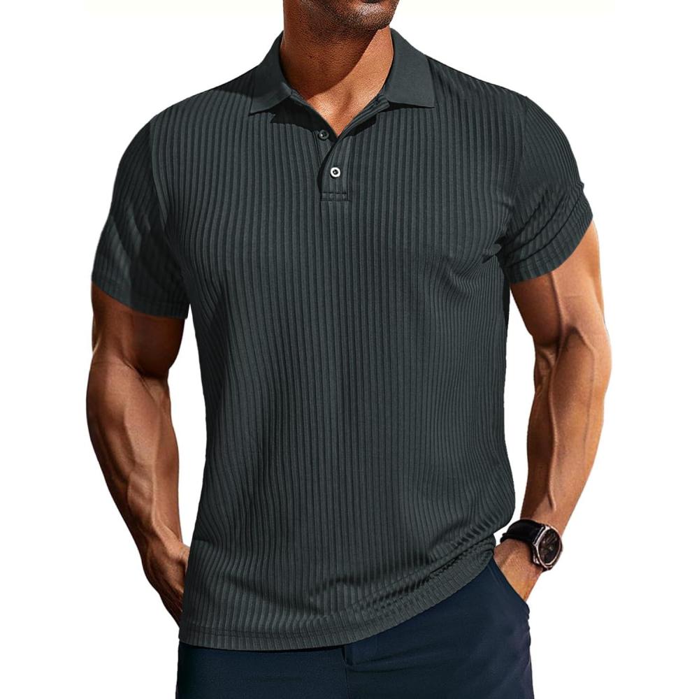 imagePJ PAUL JONES Mens Short Sleeve Texture Polo Shirts Casual Wrinkle Free Stretch Knit Golf Shirt TopsDark Gray