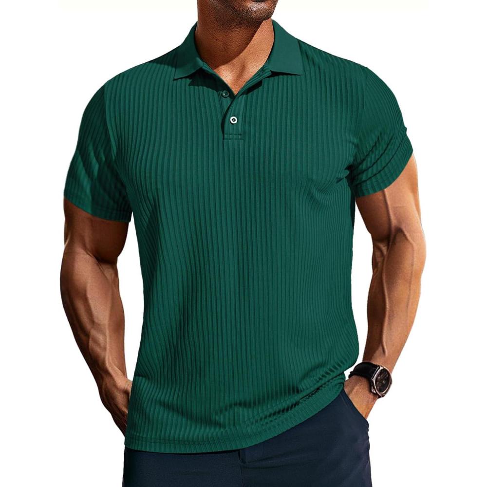 imagePJ PAUL JONES Mens Short Sleeve Texture Polo Shirts Casual Wrinkle Free Stretch Knit Golf Shirt TopsGreen