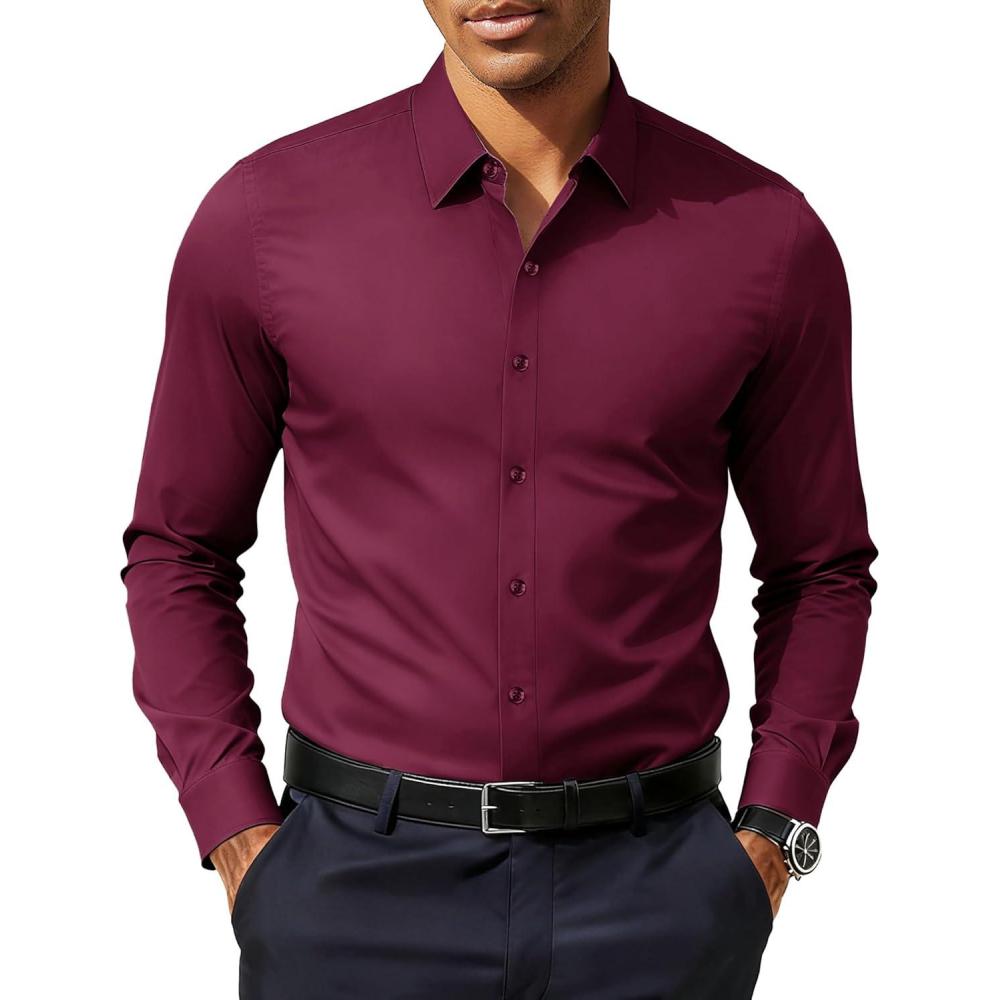 imagePJ PAUL JONES Mens Slim Fit Dress Shirts Business Casual Long Sleeve Stretch Wrinkle Free ShirtBurgundy