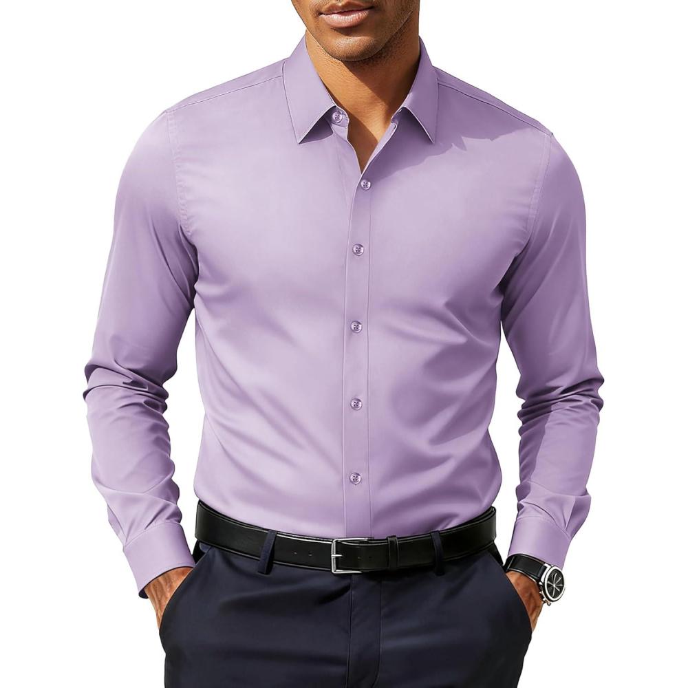 imagePJ PAUL JONES Mens Slim Fit Dress Shirts Business Casual Long Sleeve Stretch Wrinkle Free ShirtLavender
