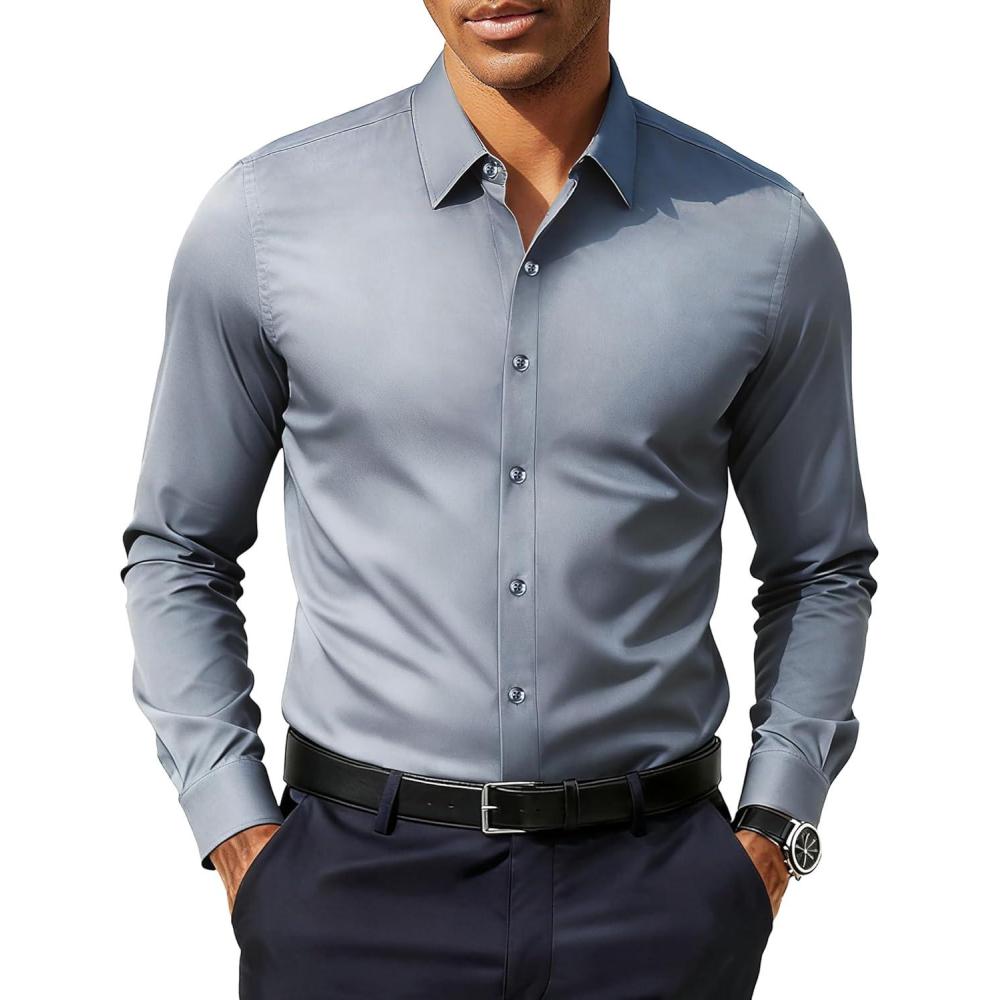 imagePJ PAUL JONES Mens Slim Fit Dress Shirts Business Casual Long Sleeve Stretch Wrinkle Free ShirtSilver Gray