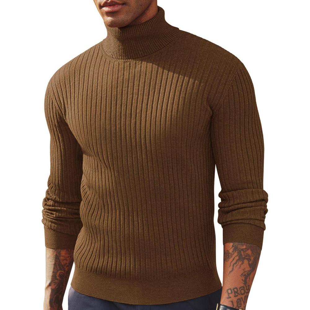 imagePJ PAUL JONES Mens Slim Fit Turtleneck Sweater Casual Ribbed Knitted Pullover SweatersCoffee