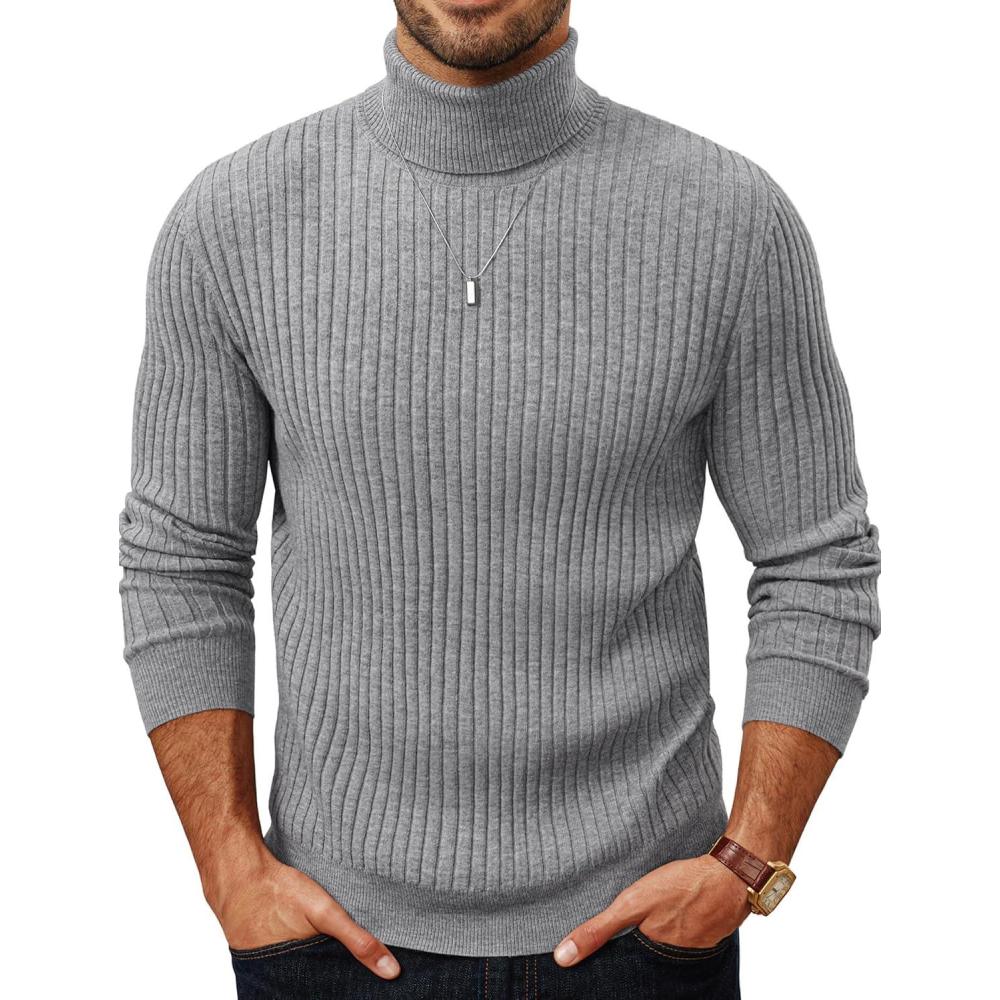 imagePJ PAUL JONES Mens Slim Fit Turtleneck Sweater Casual Ribbed Knitted Pullover SweatersDark Grey