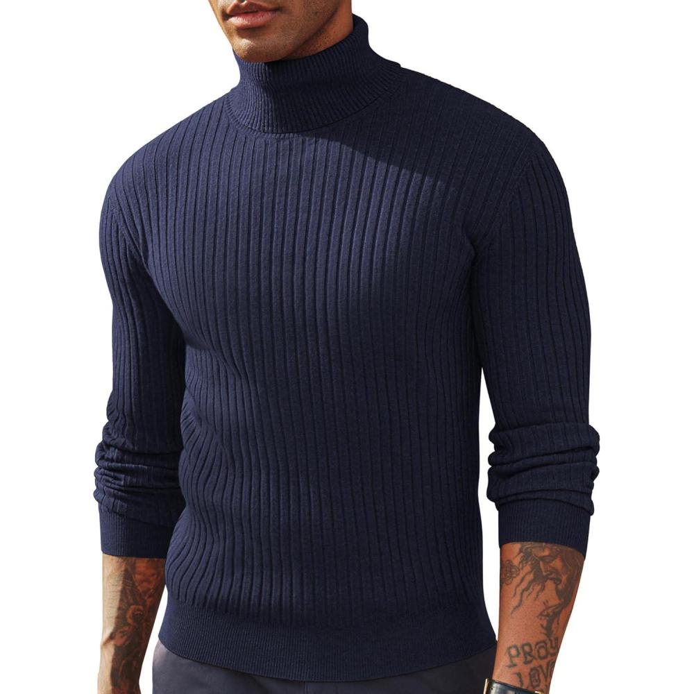 imagePJ PAUL JONES Mens Slim Fit Turtleneck Sweater Casual Ribbed Knitted Pullover SweatersNavy Blue