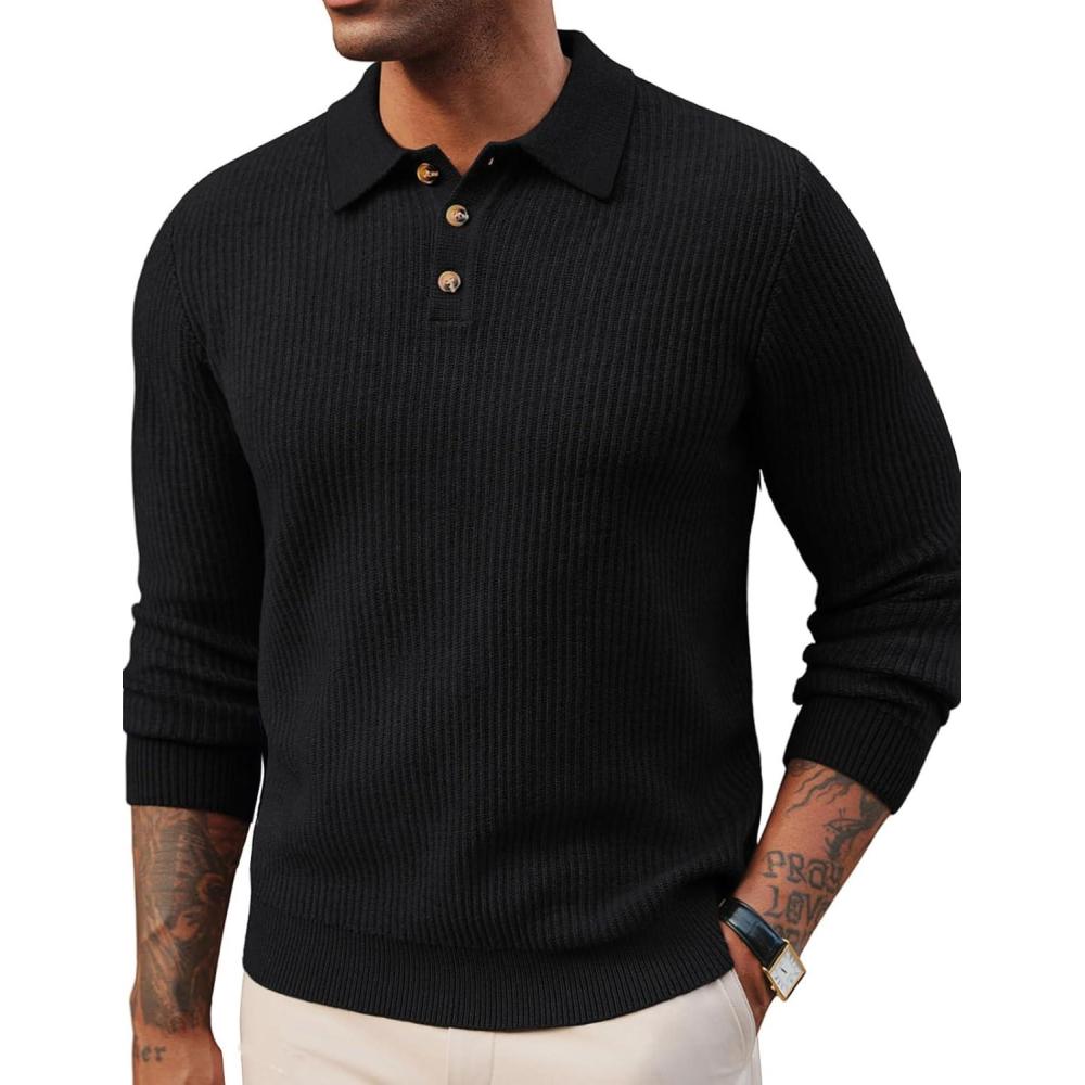 imagePJ PAUL JONES Mens Sweater Cable Knit Polo Collar Sweaters for Fall WinterBlack