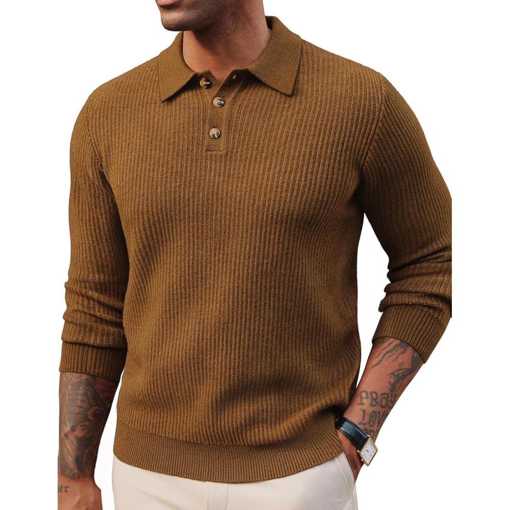 imagePJ PAUL JONES Mens Sweater Cable Knit Polo Collar Sweaters for Fall WinterCoffee