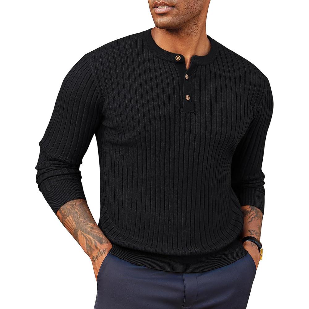 imagePJ PAUL JONES Mens Sweater Casual Henley Pullover Cable Knitted SweaterBlack