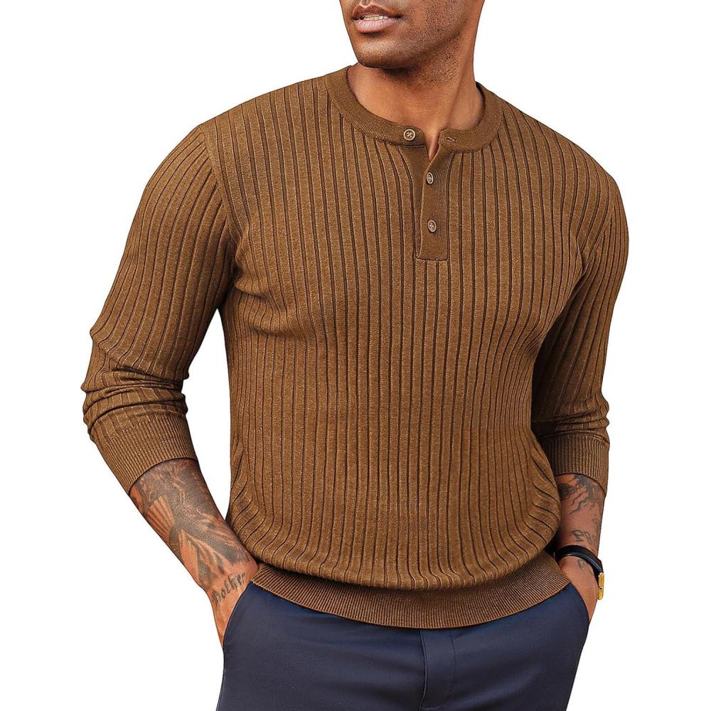 imagePJ PAUL JONES Mens Sweater Casual Henley Pullover Cable Knitted SweaterCoffee
