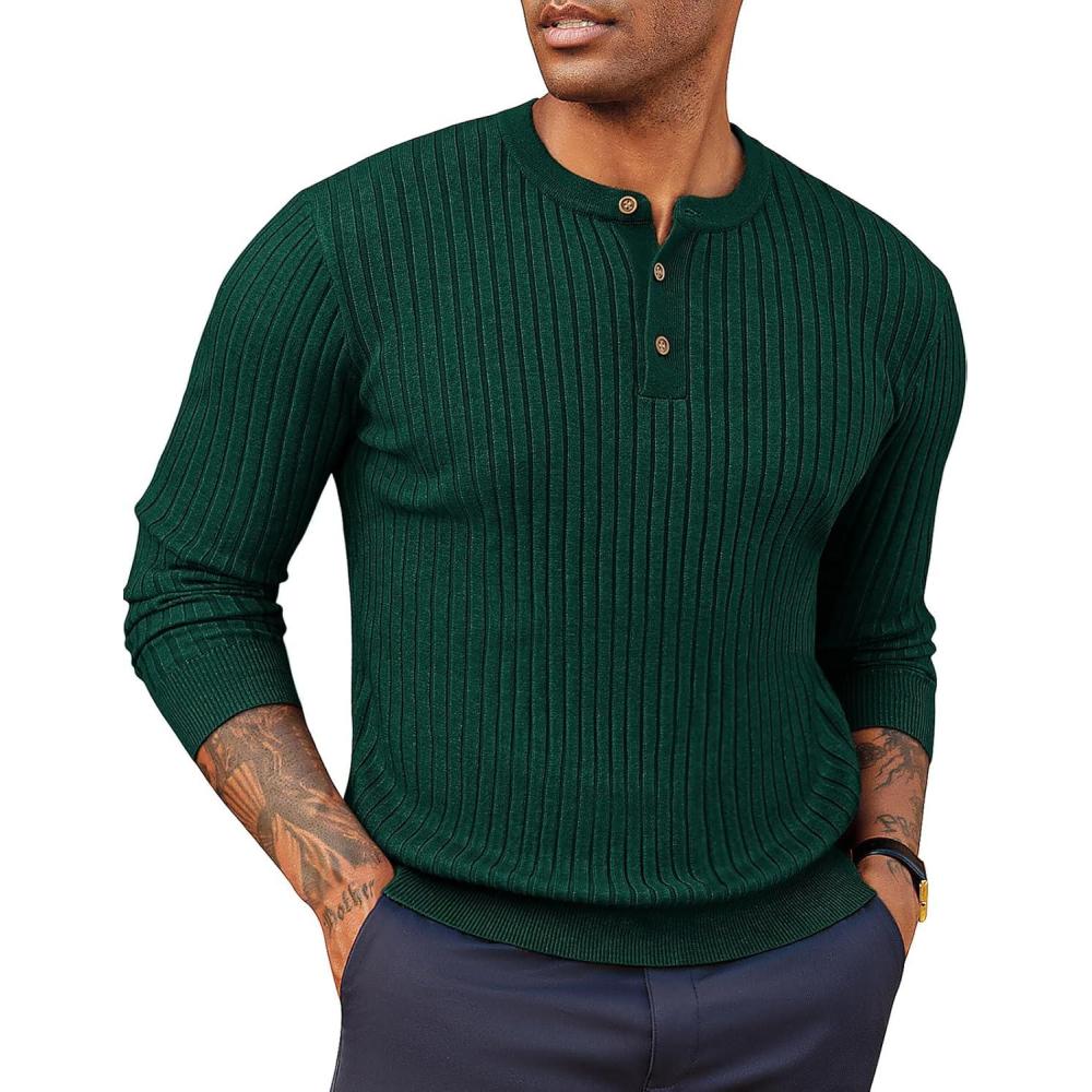 imagePJ PAUL JONES Mens Sweater Casual Henley Pullover Cable Knitted SweaterDark Green