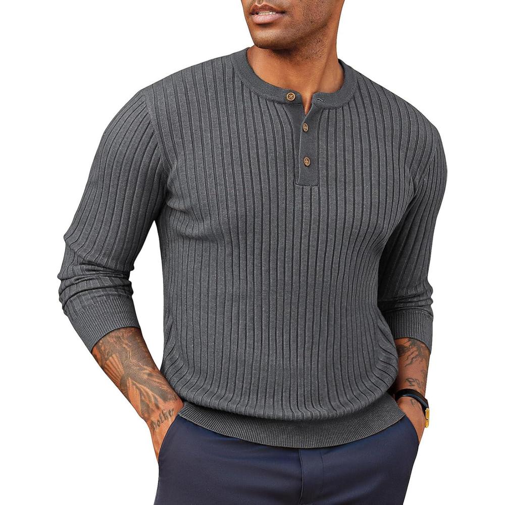 imagePJ PAUL JONES Mens Sweater Casual Henley Pullover Cable Knitted SweaterGrey