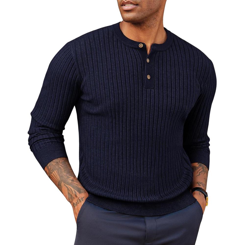 imagePJ PAUL JONES Mens Sweater Casual Henley Pullover Cable Knitted SweaterNavy Blue