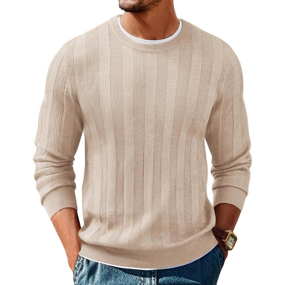 imagePJ PAUL JONES Mens Sweater Crew Neck Textured Long Sleeve Knitted Pullover SweatersApricot