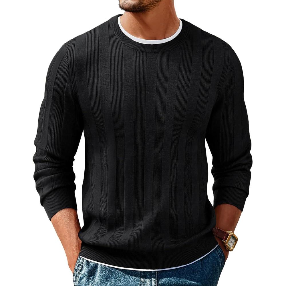 imagePJ PAUL JONES Mens Sweater Crew Neck Textured Long Sleeve Knitted Pullover SweatersBlack