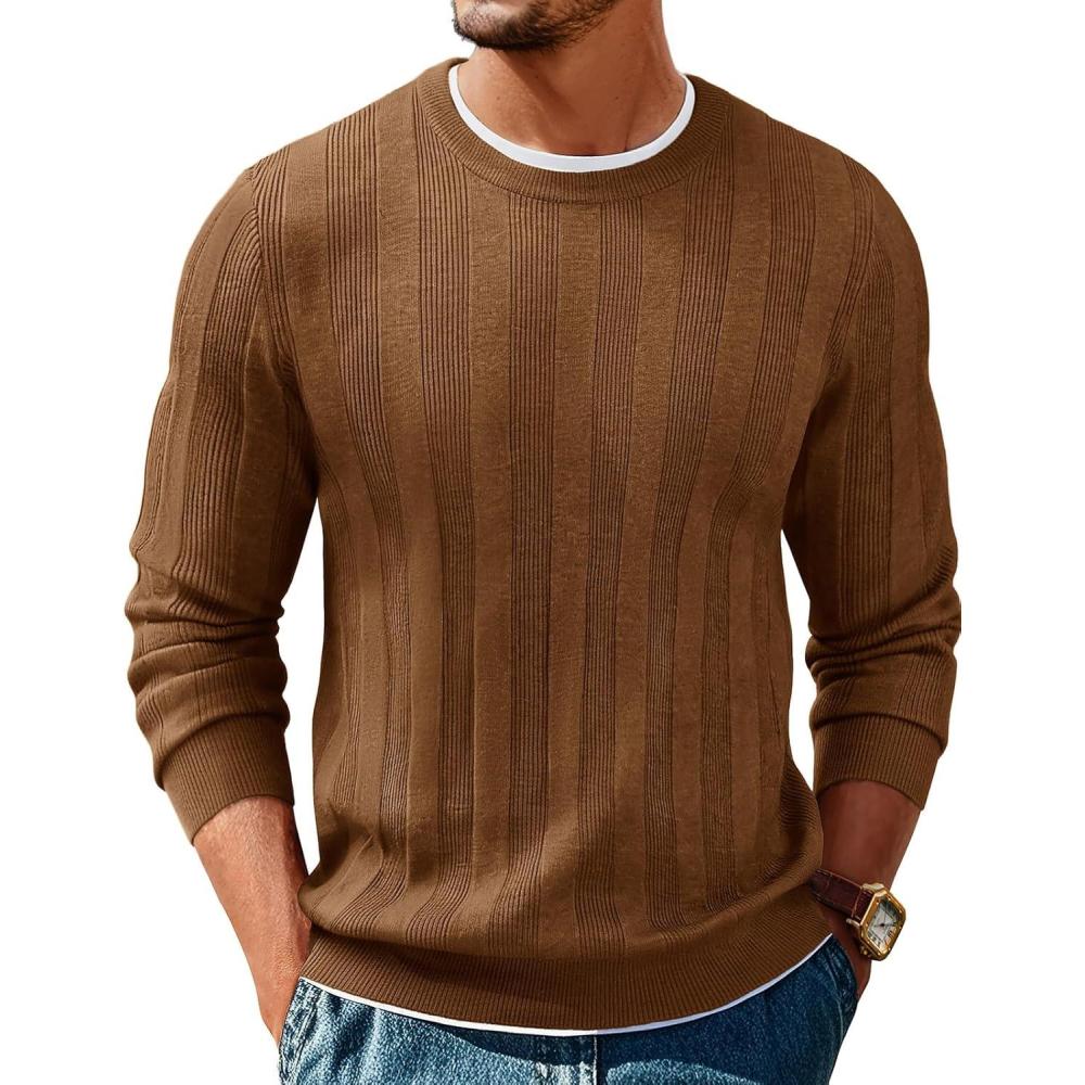 imagePJ PAUL JONES Mens Sweater Crew Neck Textured Long Sleeve Knitted Pullover SweatersCoffee