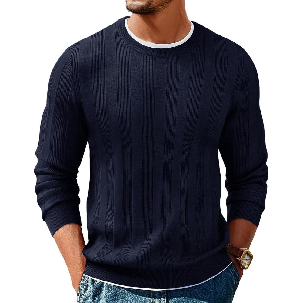 imagePJ PAUL JONES Mens Sweater Crew Neck Textured Long Sleeve Knitted Pullover SweatersNavy Blue