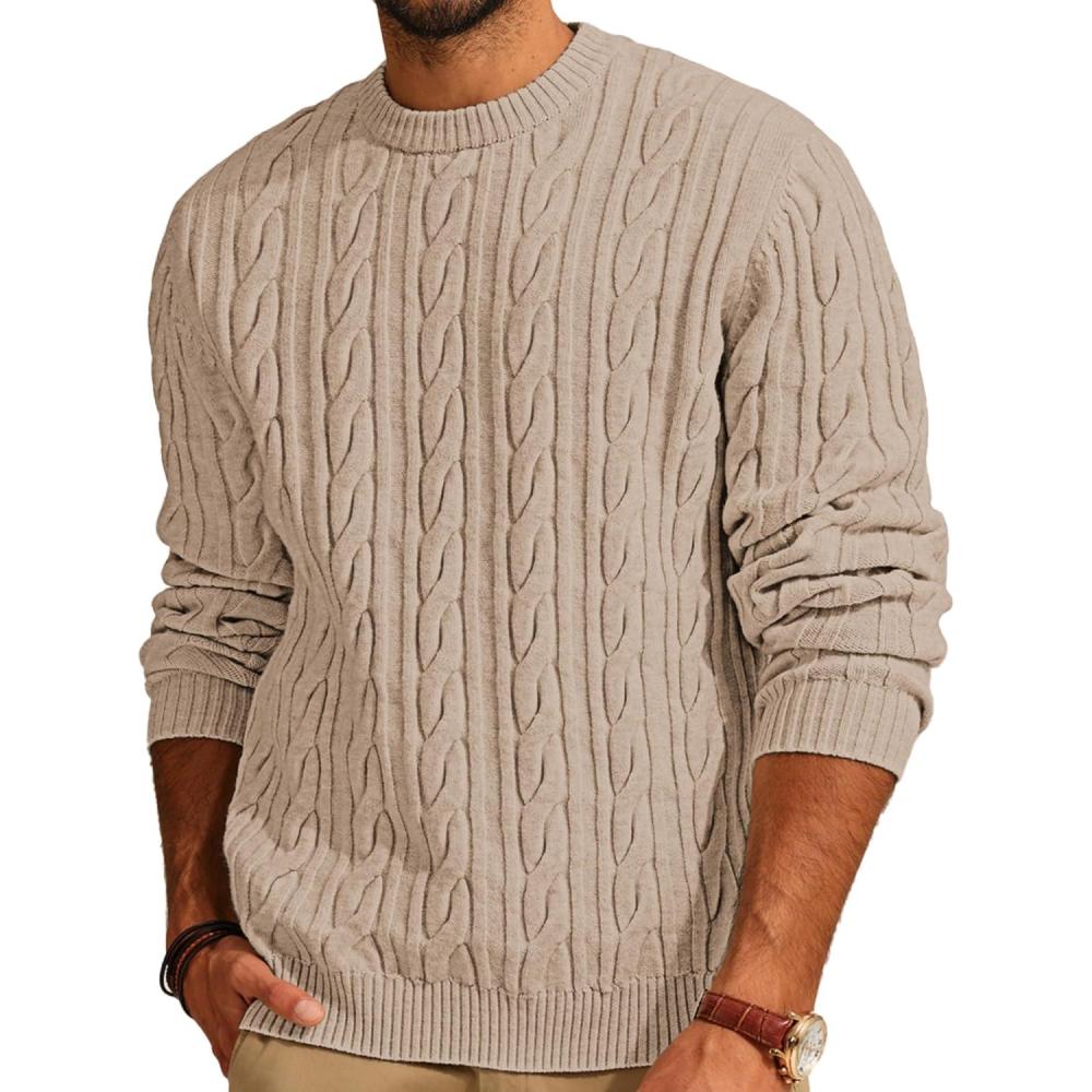 imagePJ PAUL JONES Mens Sweater Crewneck Cable Knit Pullover Sweater Casual Twist Textured SweatersBeige