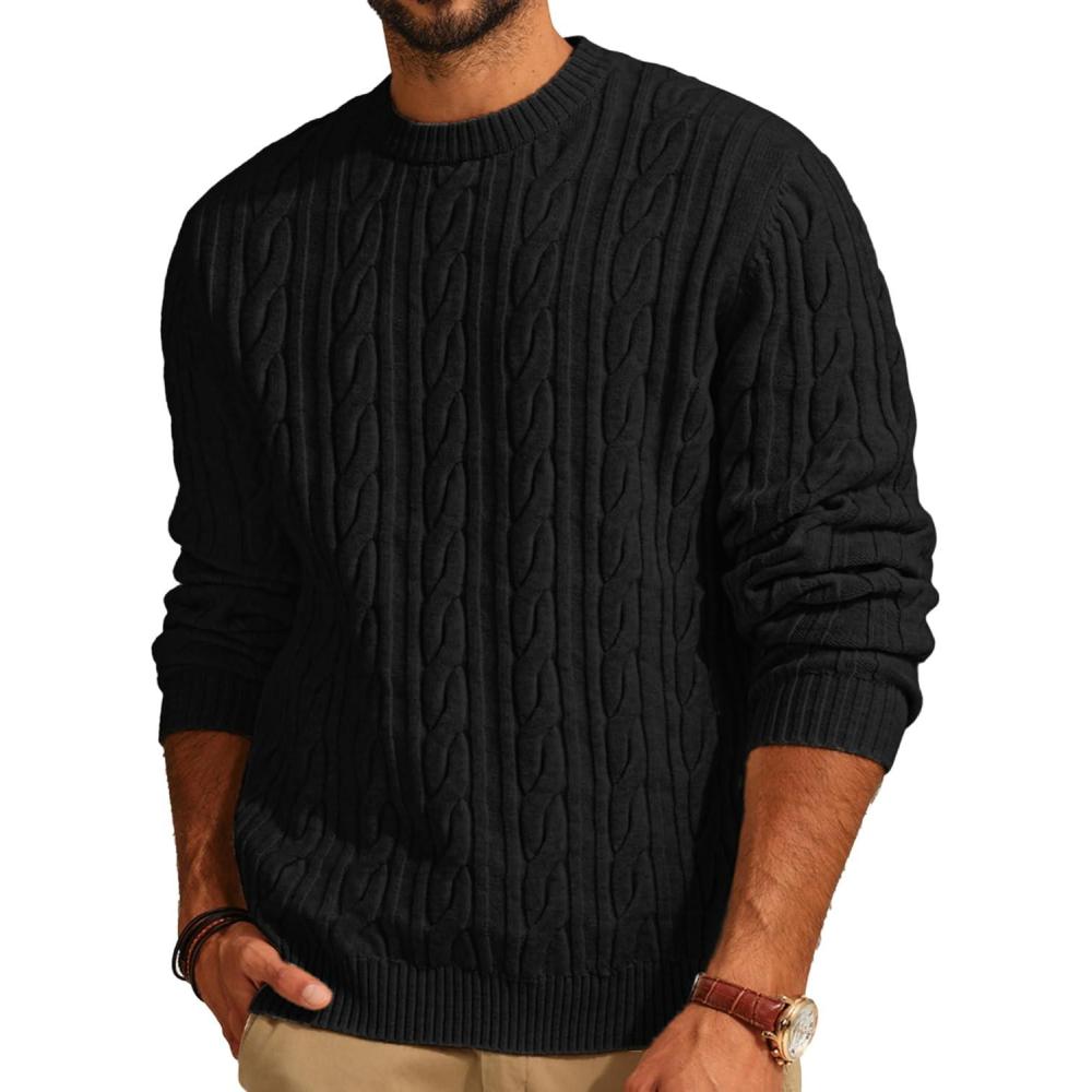 imagePJ PAUL JONES Mens Sweater Crewneck Cable Knit Pullover Sweater Casual Twist Textured SweatersBlack