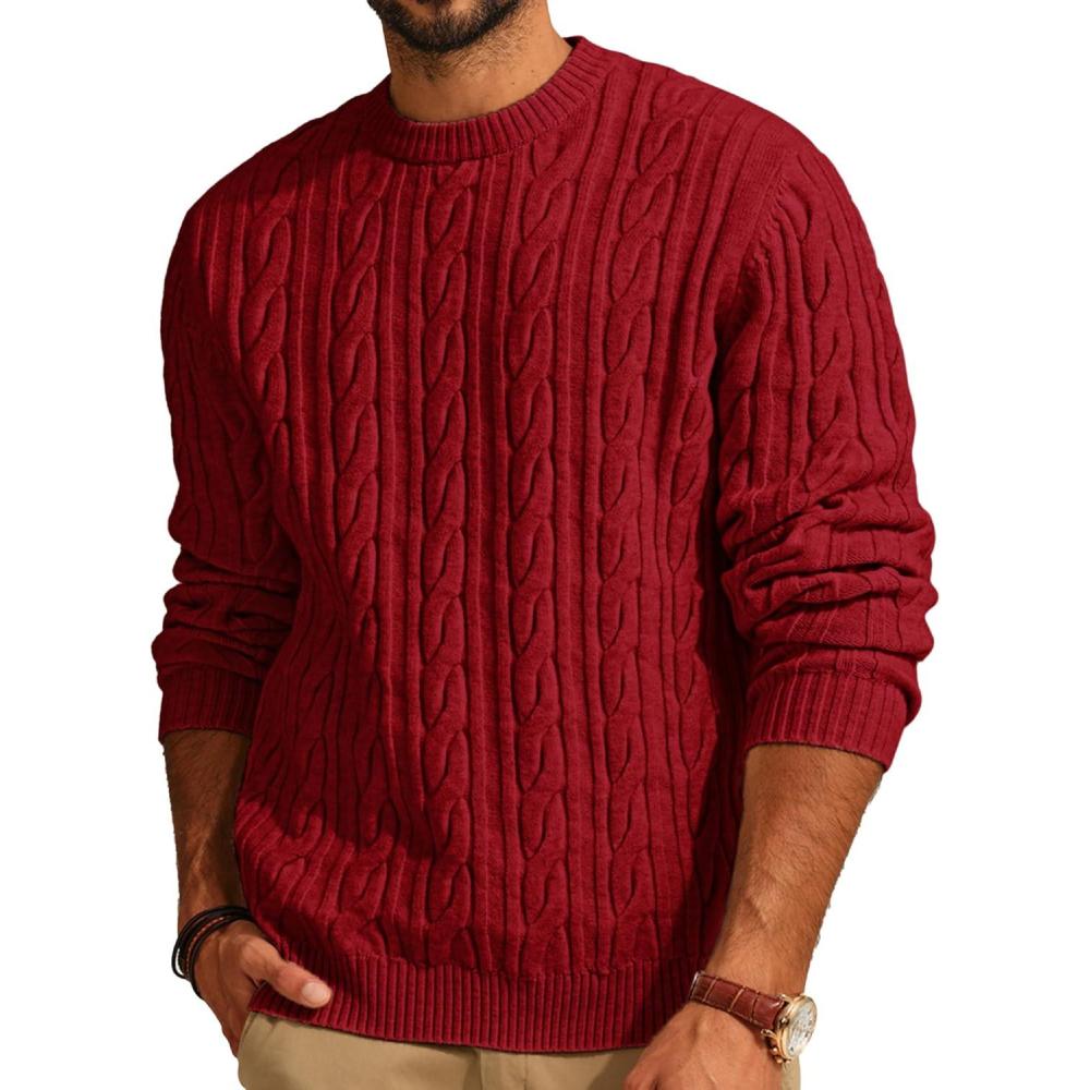 imagePJ PAUL JONES Mens Sweater Crewneck Cable Knit Pullover Sweater Casual Twist Textured SweatersBurgundy