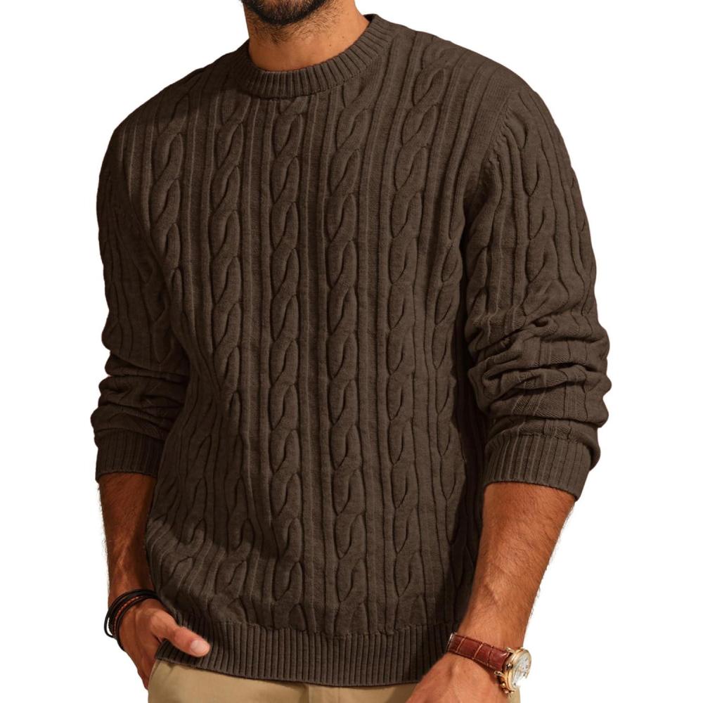 imagePJ PAUL JONES Mens Sweater Crewneck Cable Knit Pullover Sweater Casual Twist Textured SweatersCoffee