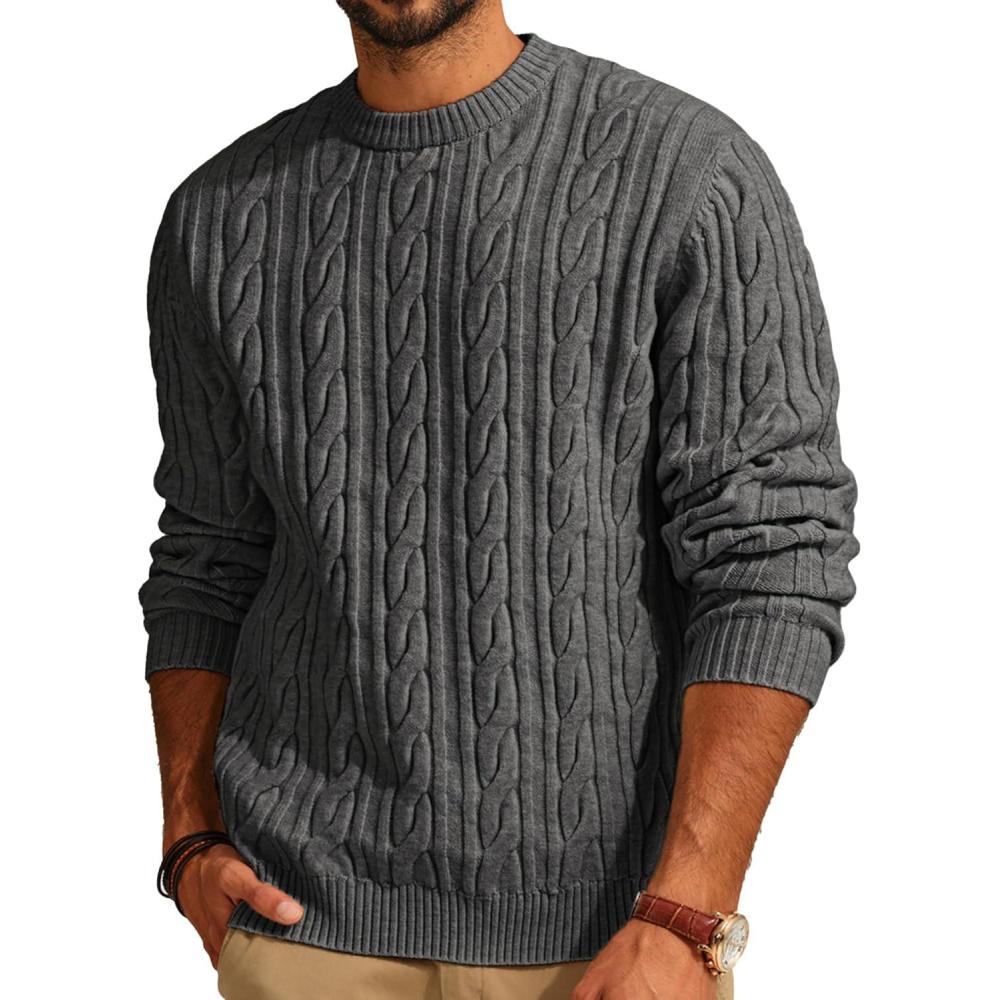 imagePJ PAUL JONES Mens Sweater Crewneck Cable Knit Pullover Sweater Casual Twist Textured SweatersDark Gray