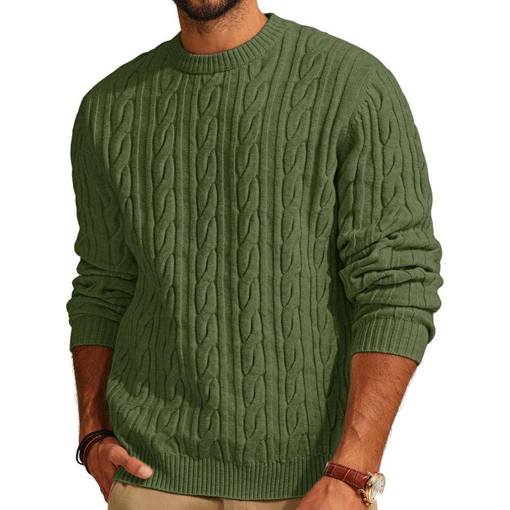 imagePJ PAUL JONES Mens Sweater Crewneck Cable Knit Pullover Sweater Casual Twist Textured SweatersGreen