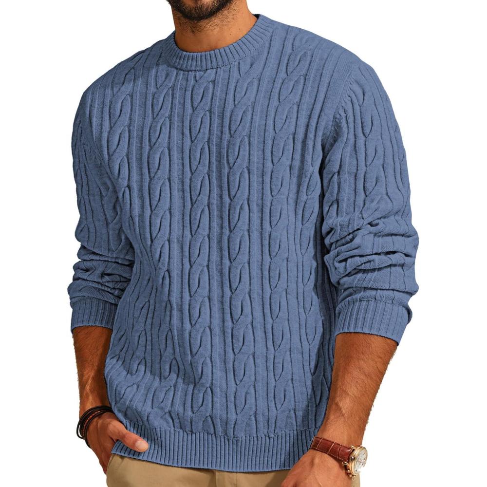 imagePJ PAUL JONES Mens Sweater Crewneck Cable Knit Pullover Sweater Casual Twist Textured SweatersLight Blue