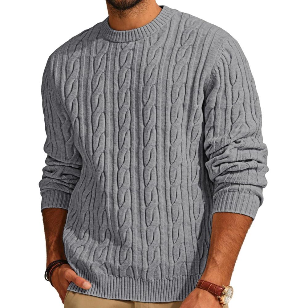 imagePJ PAUL JONES Mens Sweater Crewneck Cable Knit Pullover Sweater Casual Twist Textured SweatersLight Gray